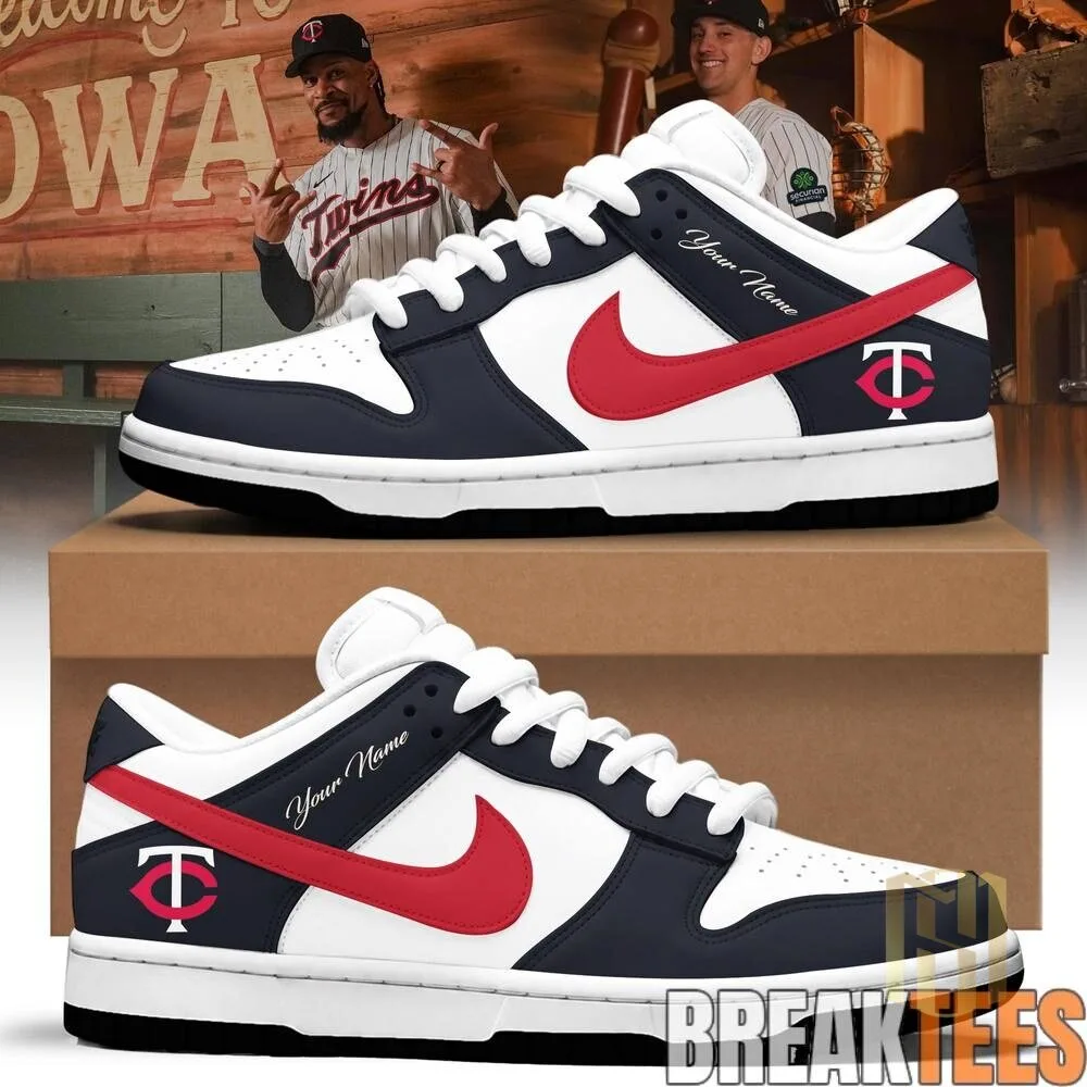 Minnesota Twins Baseball Team Custom Name White and Navy Sneakers