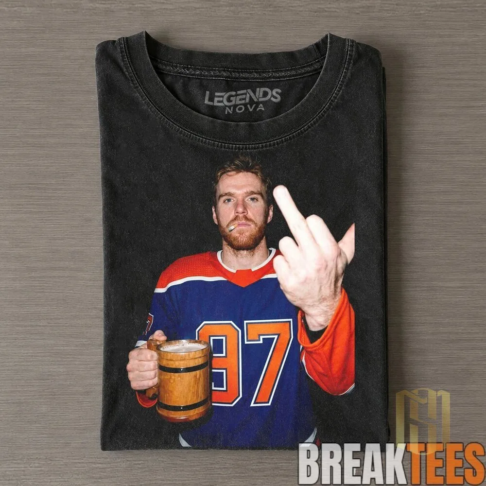Connor McDavid Edmonton Oilers Middle Finger Drinking Beer Black T-Shirt