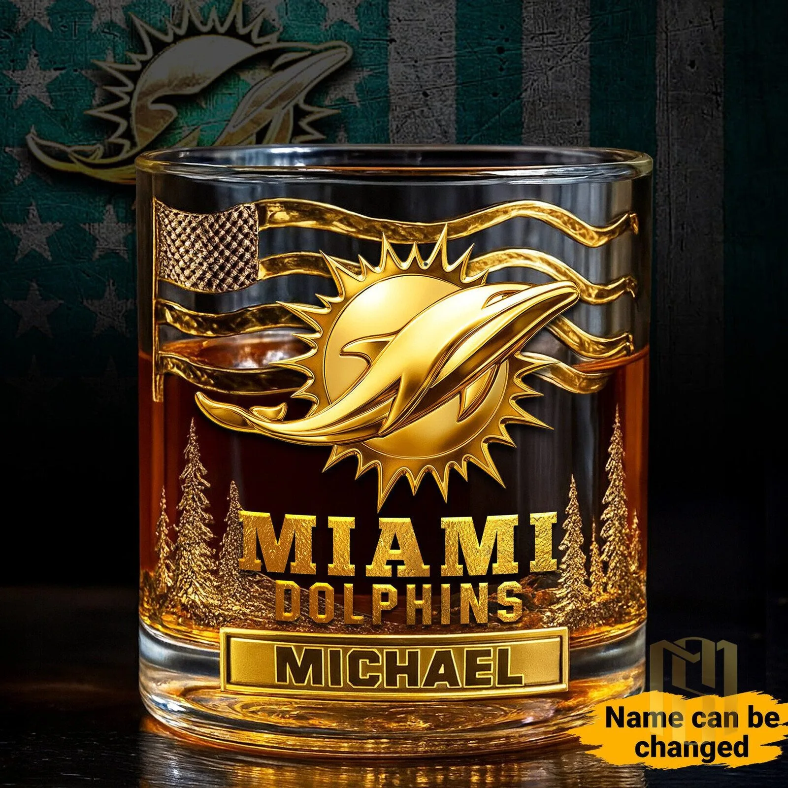 Miami Dolphins Personalized Whiskey Glass NFL Football Team Fan Gift
