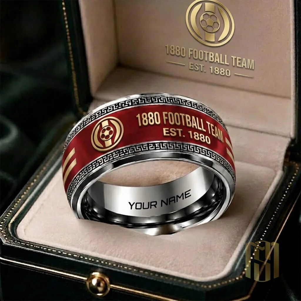 Personalized Football Team Est. 1880 Silver and Red Ring