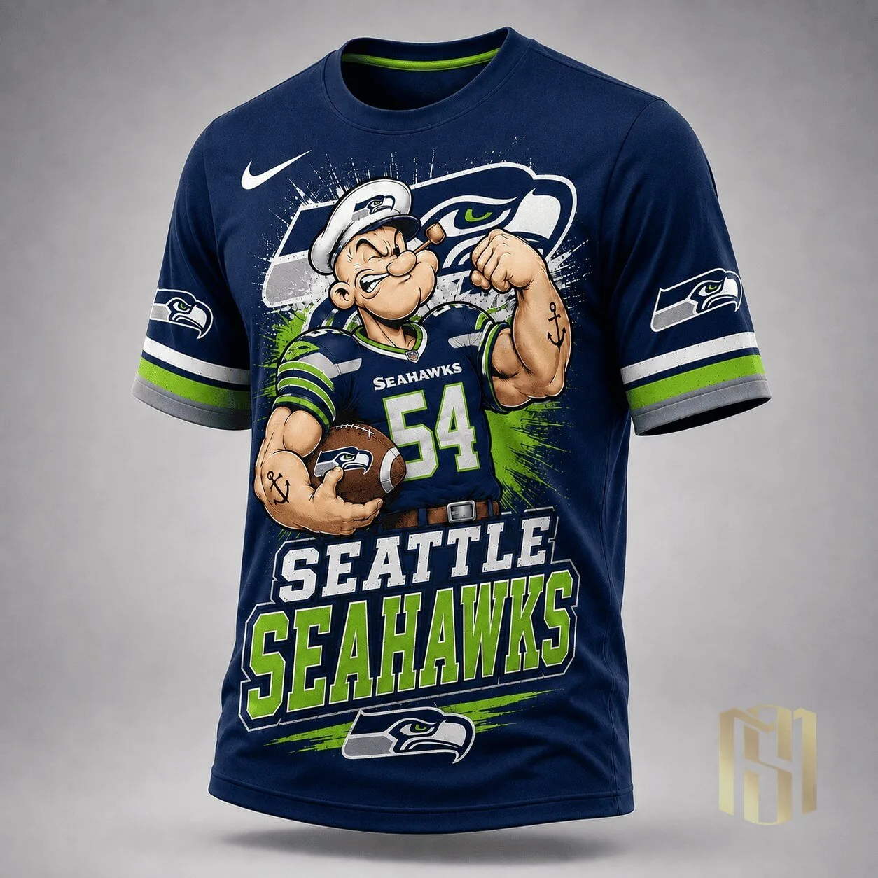 Seattle Seahawks Popeye Cartoon Football Fan Graphic T-Shirt