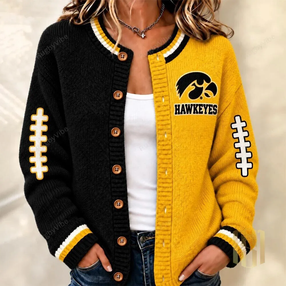 Iowa Hawkeyes Football Team Black Gold Knit Cardigan