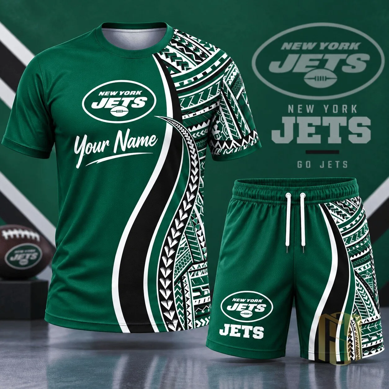 New York Jets NFL Football Custom Name Tribal Graphic T-Shirt and Shorts Set