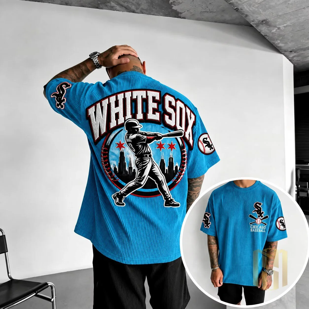 Chicago White Sox Baseball Player Graphic Blue Oversized Short Sleeve T-Shirt