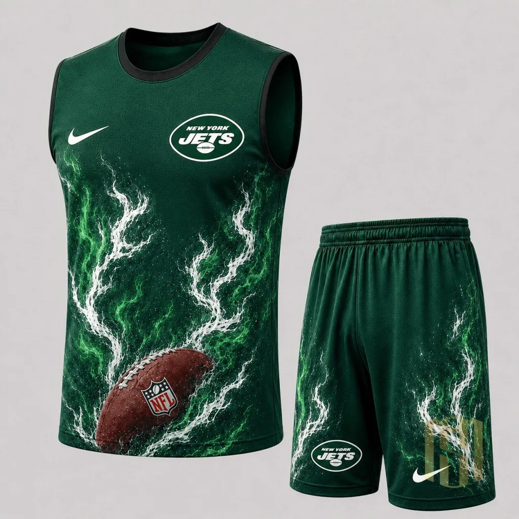 New York Jets American Football Team Green Flame Design Tank Top and Shorts Set New York Jets American Football Team Green Flame Design Tank Top and Shorts Set