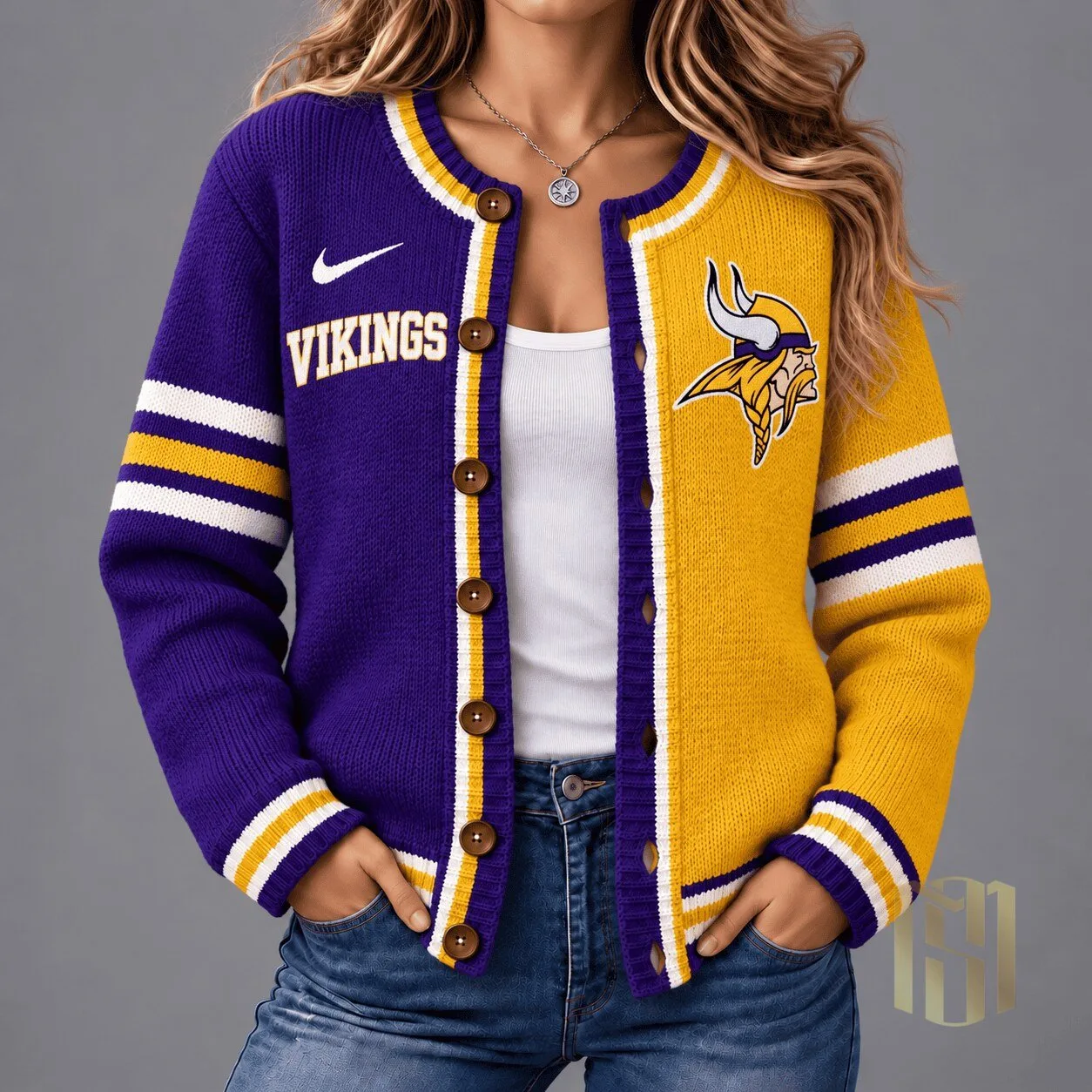 Minnesota Vikings NFL Team Logo Split Color Knit Cardigan Sweater for Women