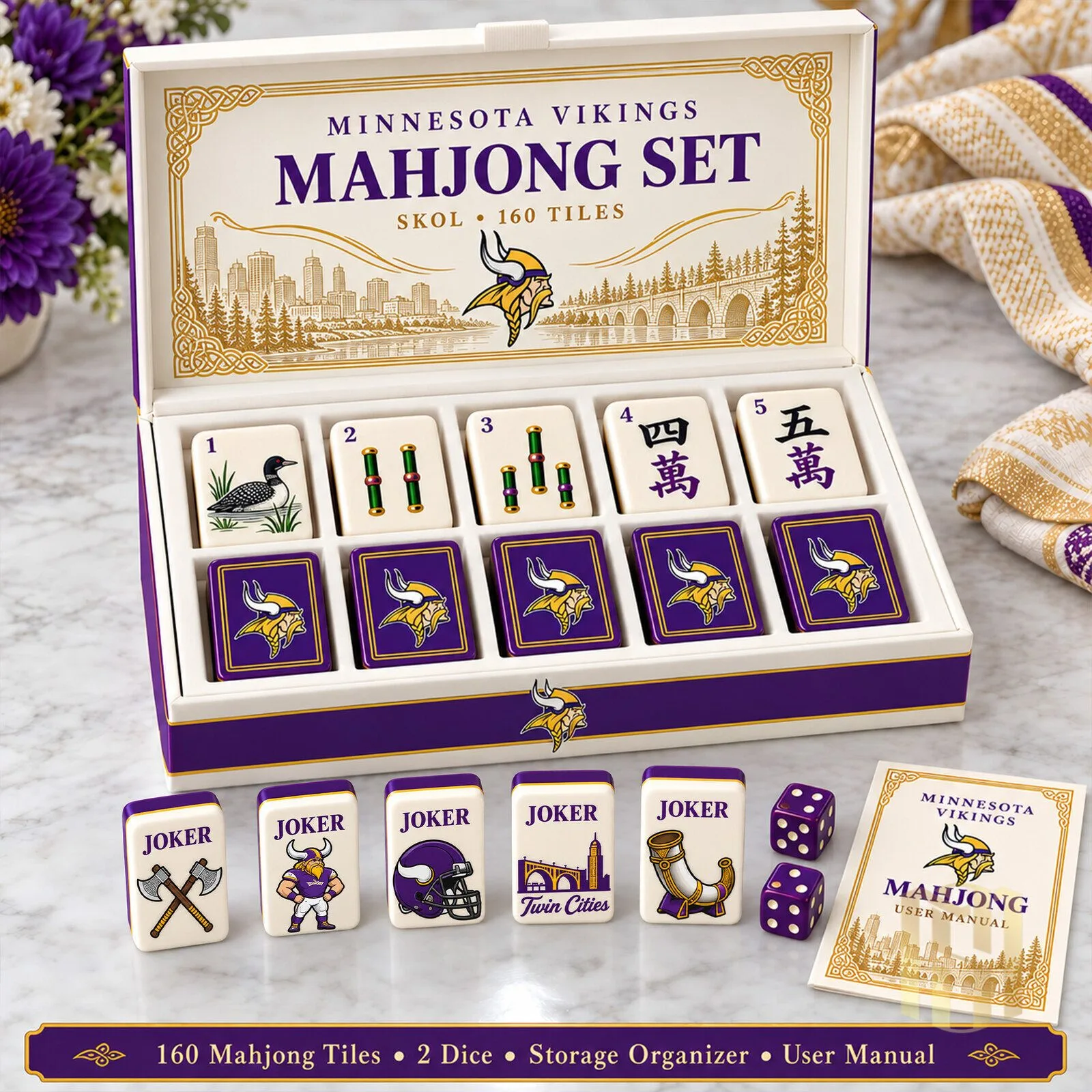 Minnesota Vikings Mahjong Game Set with 160 Tiles and Storage Case