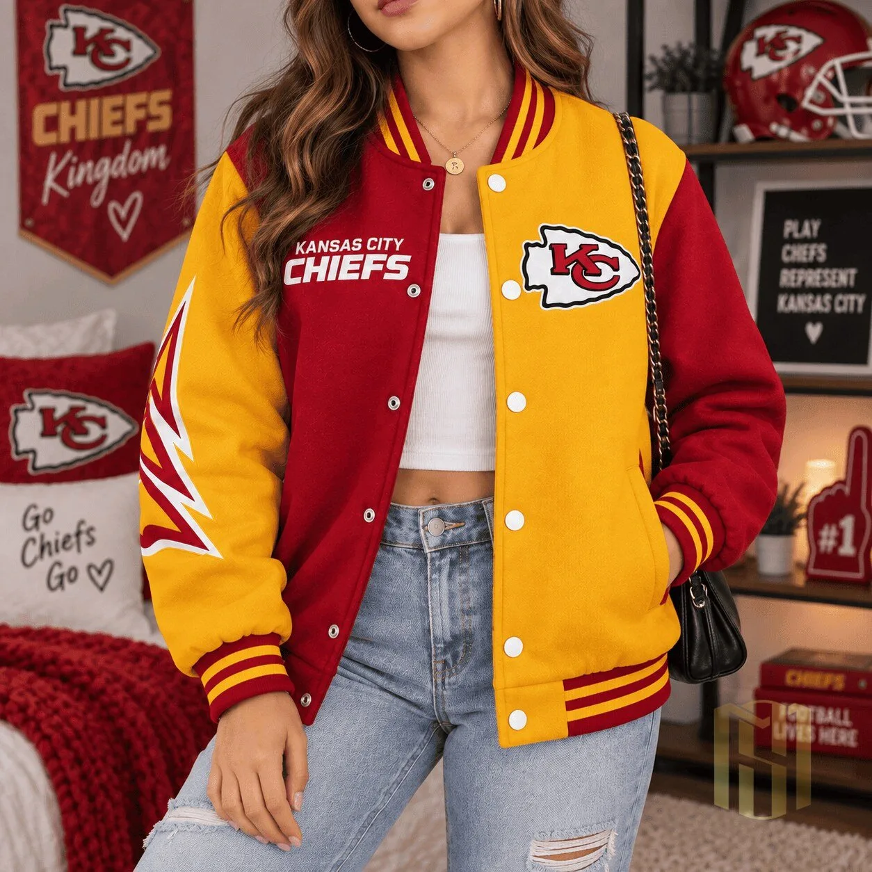 Kansas City Chiefs Football Team Red and Gold Varsity Bomber Jacket