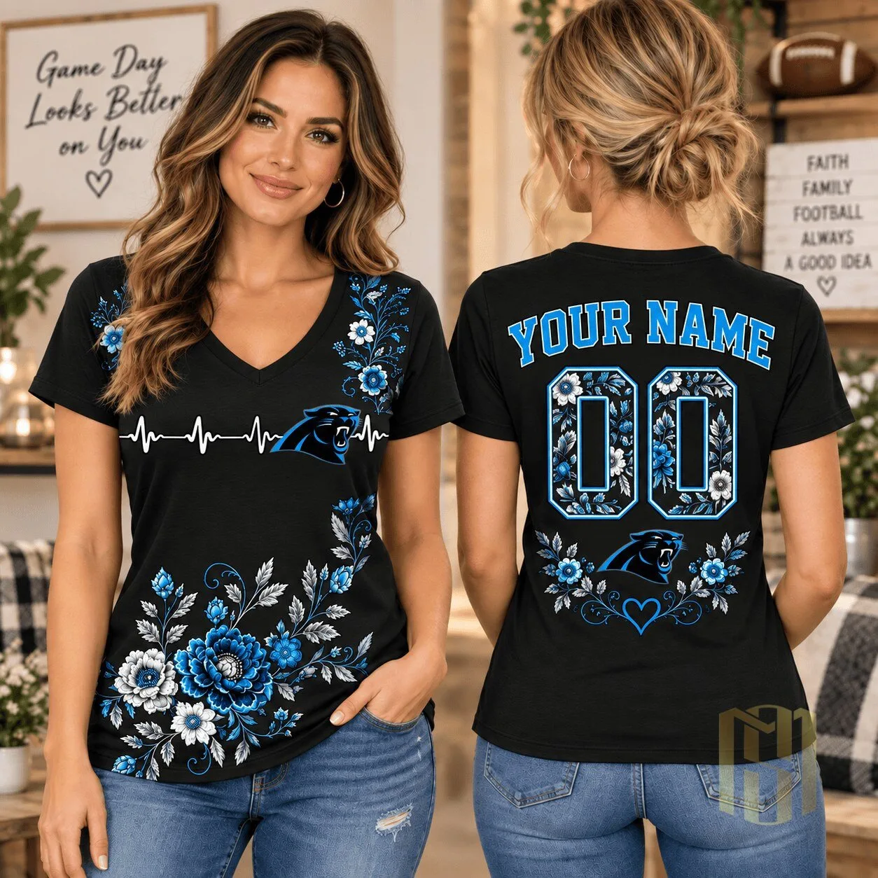 Carolina Panthers Personalized Floral Game Day Fan T-Shirt