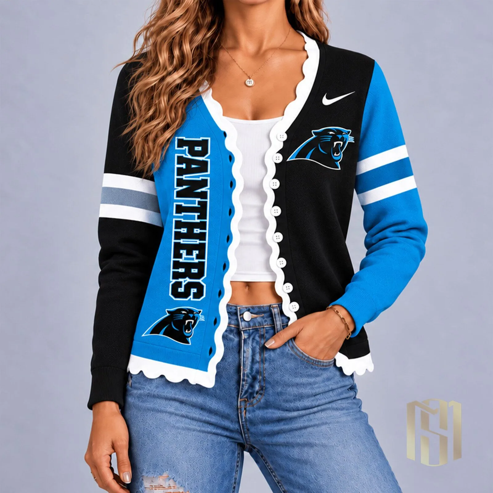 Carolina Panthers Women's Black and Blue Split Design Knit Cardigan