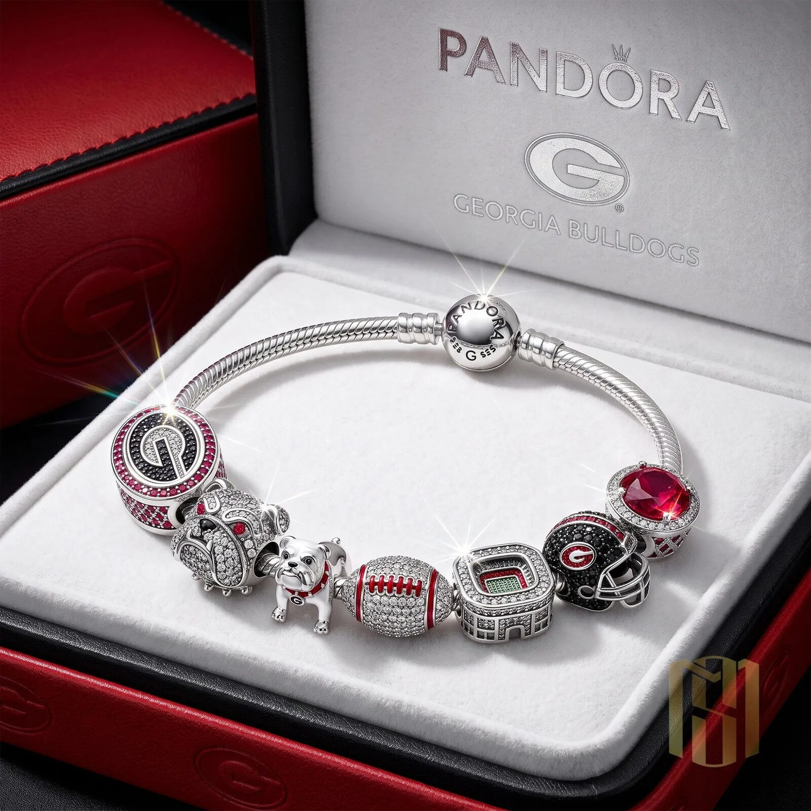 Pandora Georgia Bulldogs Football Team Charm Bracelet with Mascot and Stadium