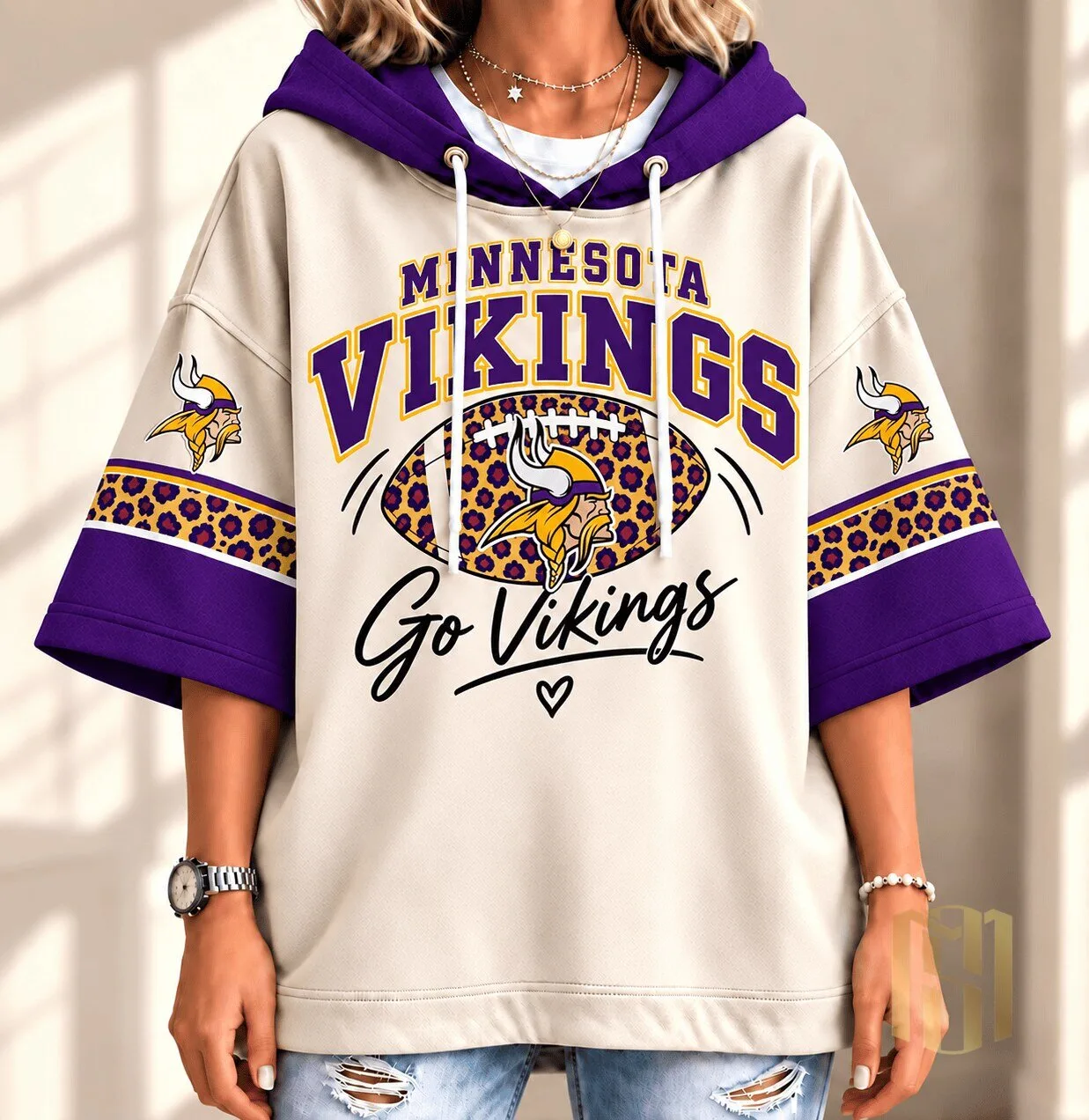 Minnesota Vikings Leopard Print Football Team Short Sleeve Hoodie