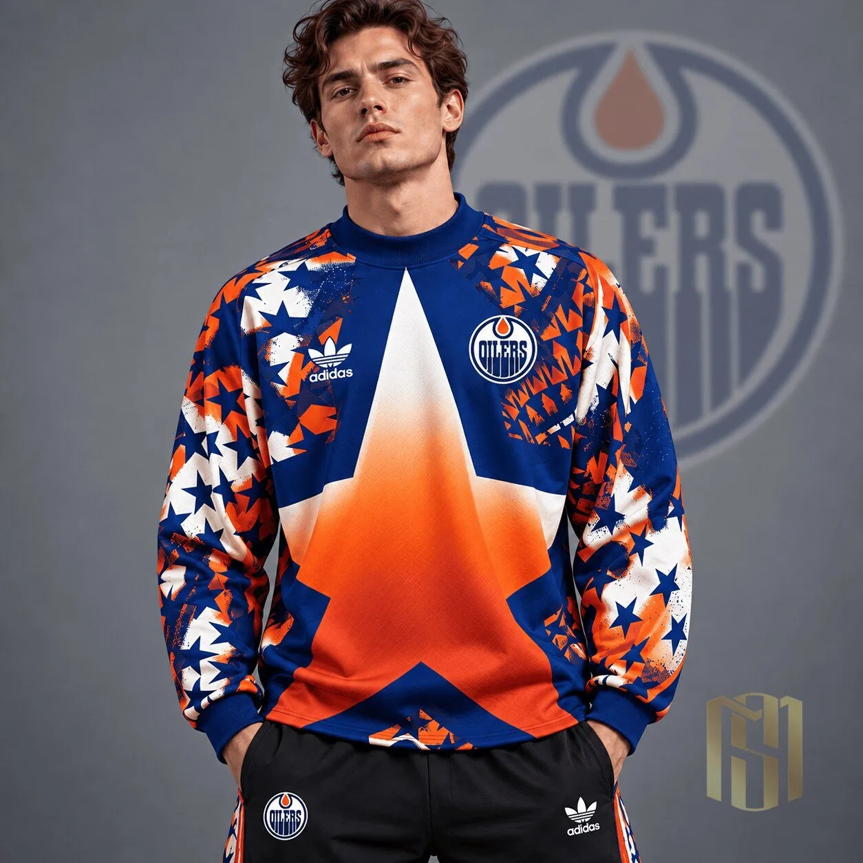 Edmonton Oilers Adidas Retro Starburst All Over Print Crewneck Sweatshirt