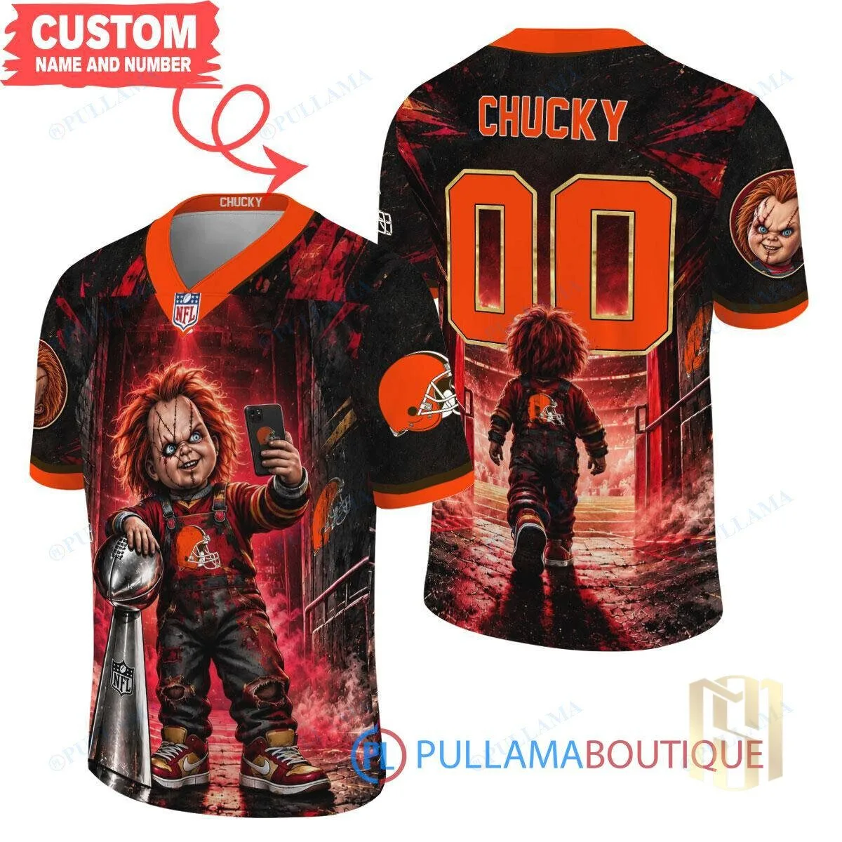 Chucky Child's Play Cleveland Browns Football Team Horror Movie Jersey 1 chucky child s play cleveland browns football team horror movie jersey featured