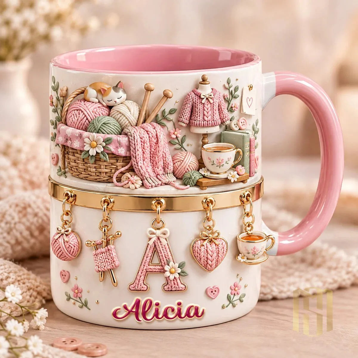 Personalized Knitting Lovers Coffee Mug with Custom Name and Initial