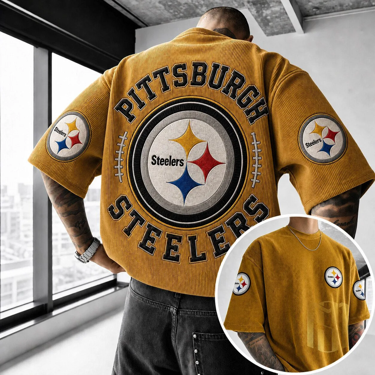 Pittsburgh Football Steelers Corduroy Embroidered Short Sleeve T-Shirt