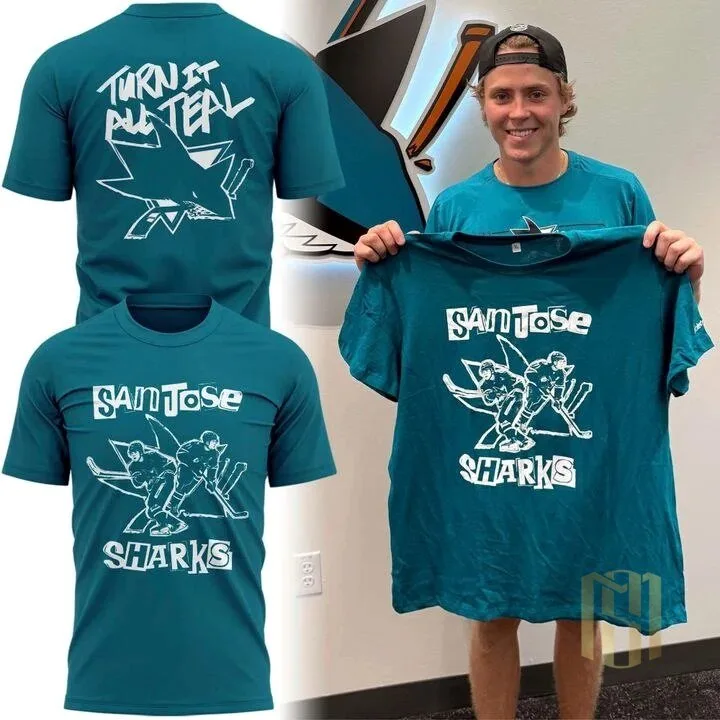 San Jose Sharks Teal Hockey Player Graphic Design T-Shirt