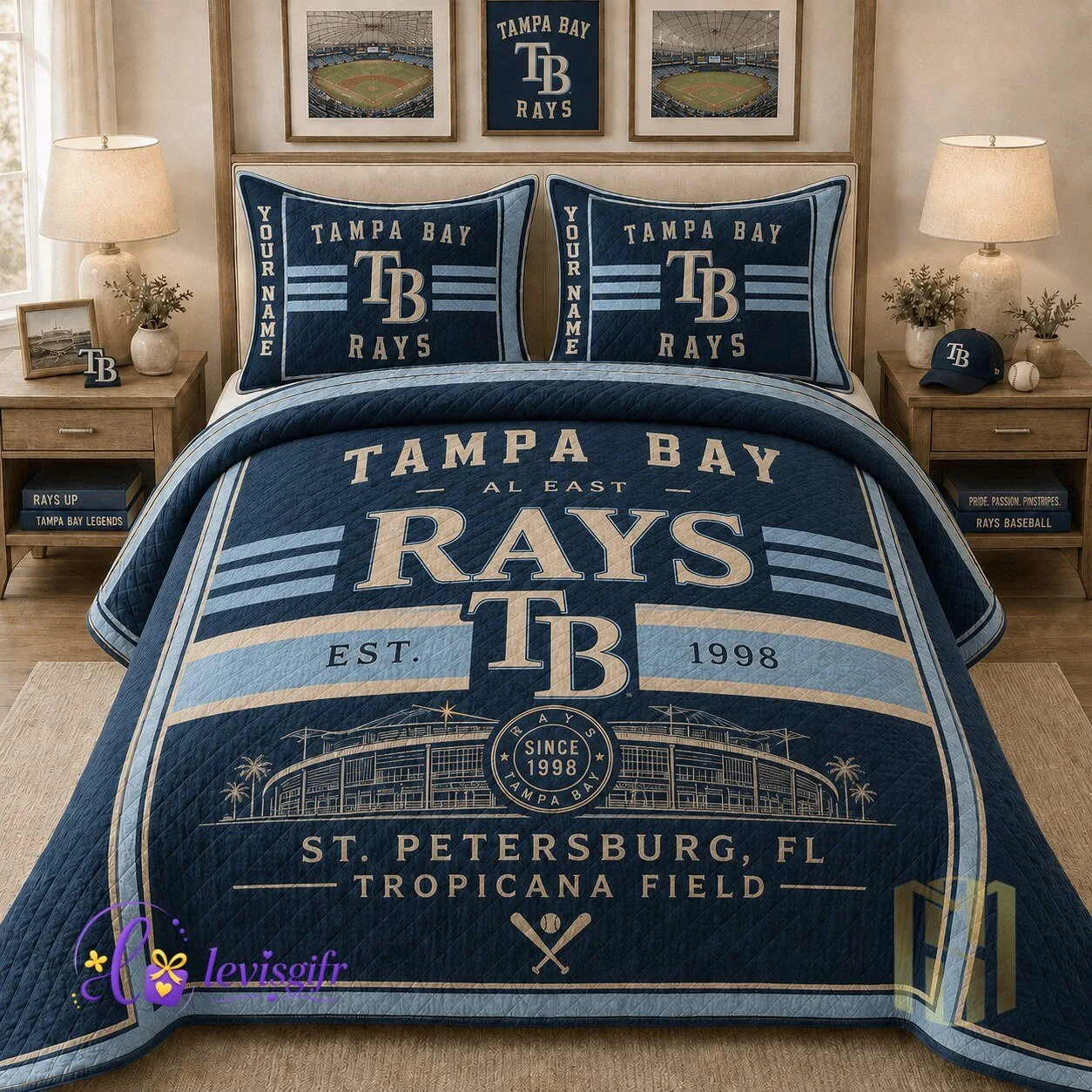 Tampa Bay Rays Baseball Team Quilted Bedding Set