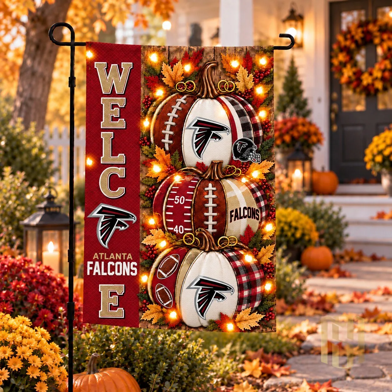 Atlanta Falcons Halloween Football Pumpkins Welcome Autumn Garden Flag