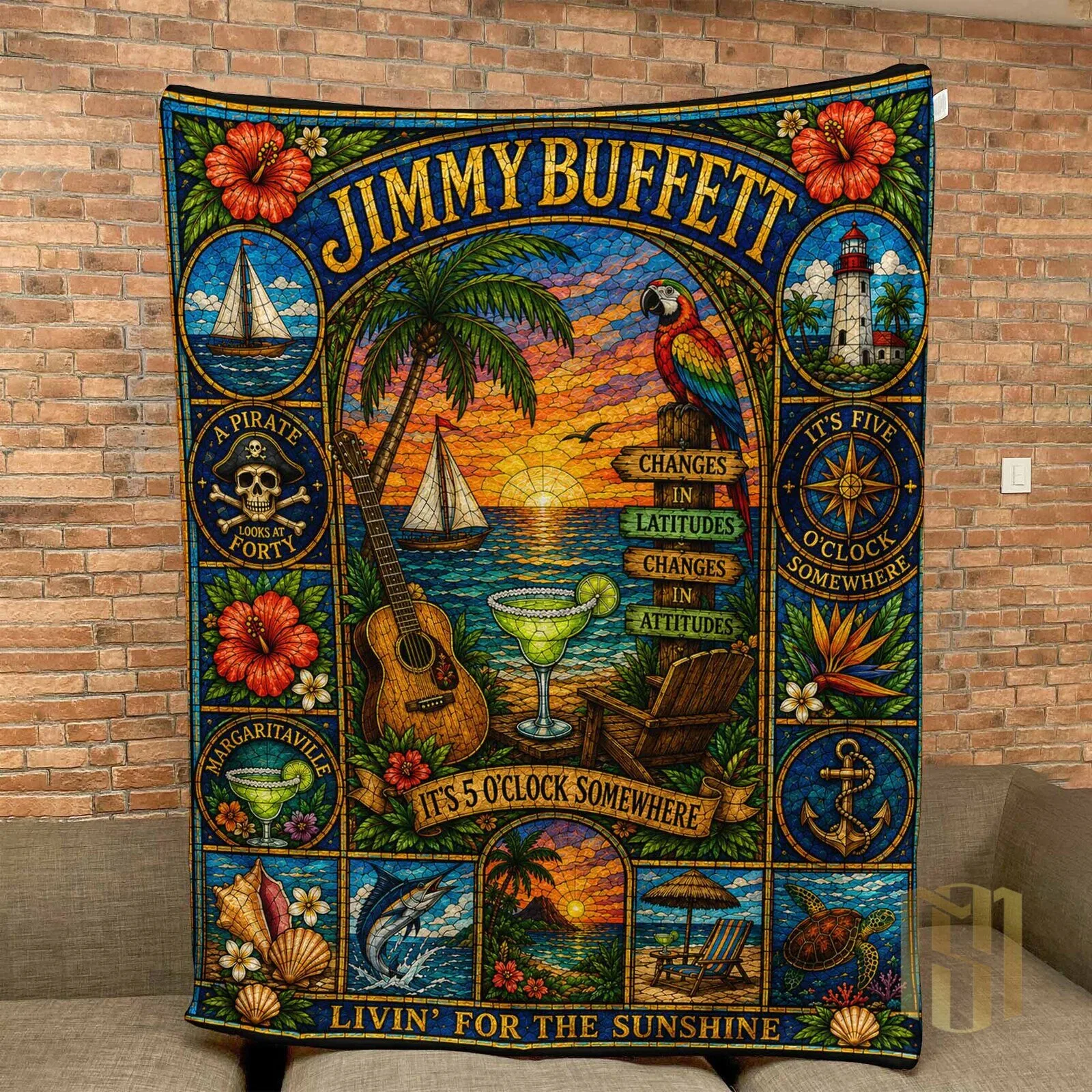Jimmy Buffett Margaritaville Stained Glass Beach Sunset Blanket
