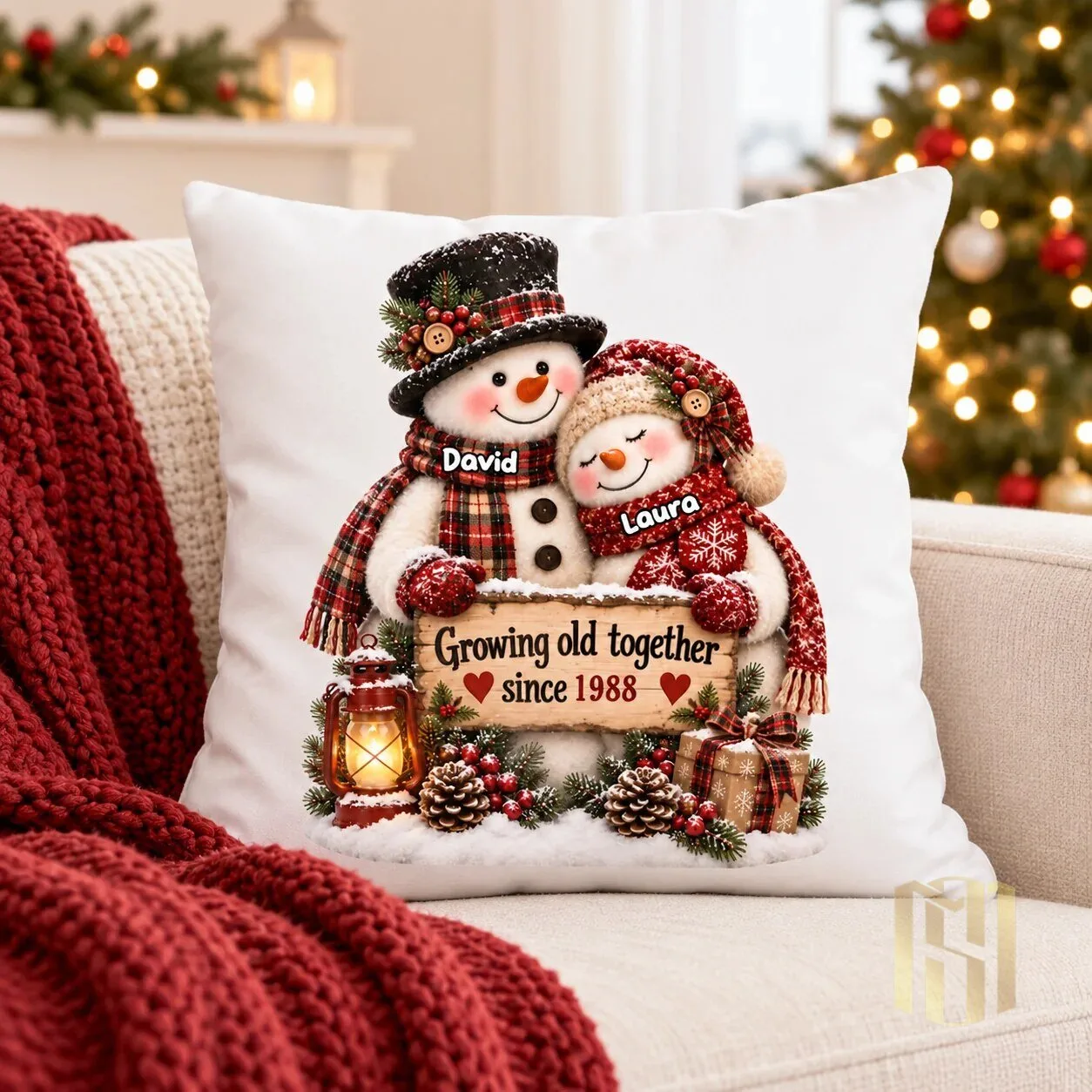 Personalized Snowman Couple Growing Old Together Christmas Holiday Pillow