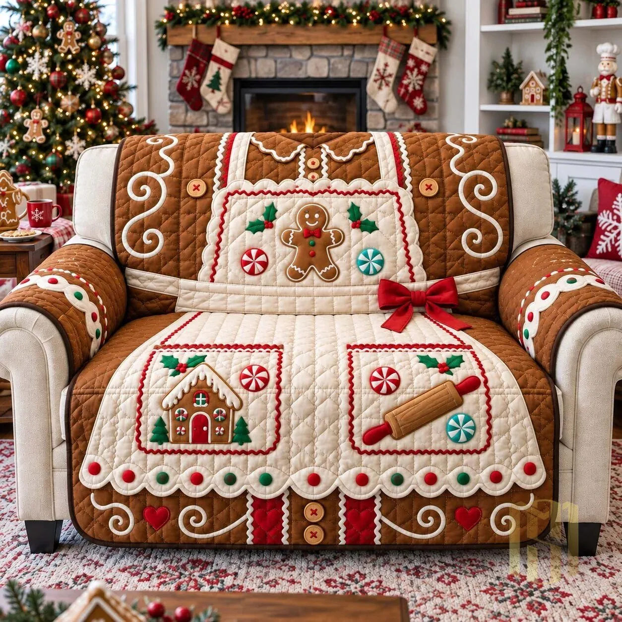Christmas Gingerbread House Quilted Sofa Slipcover Furniture Protector