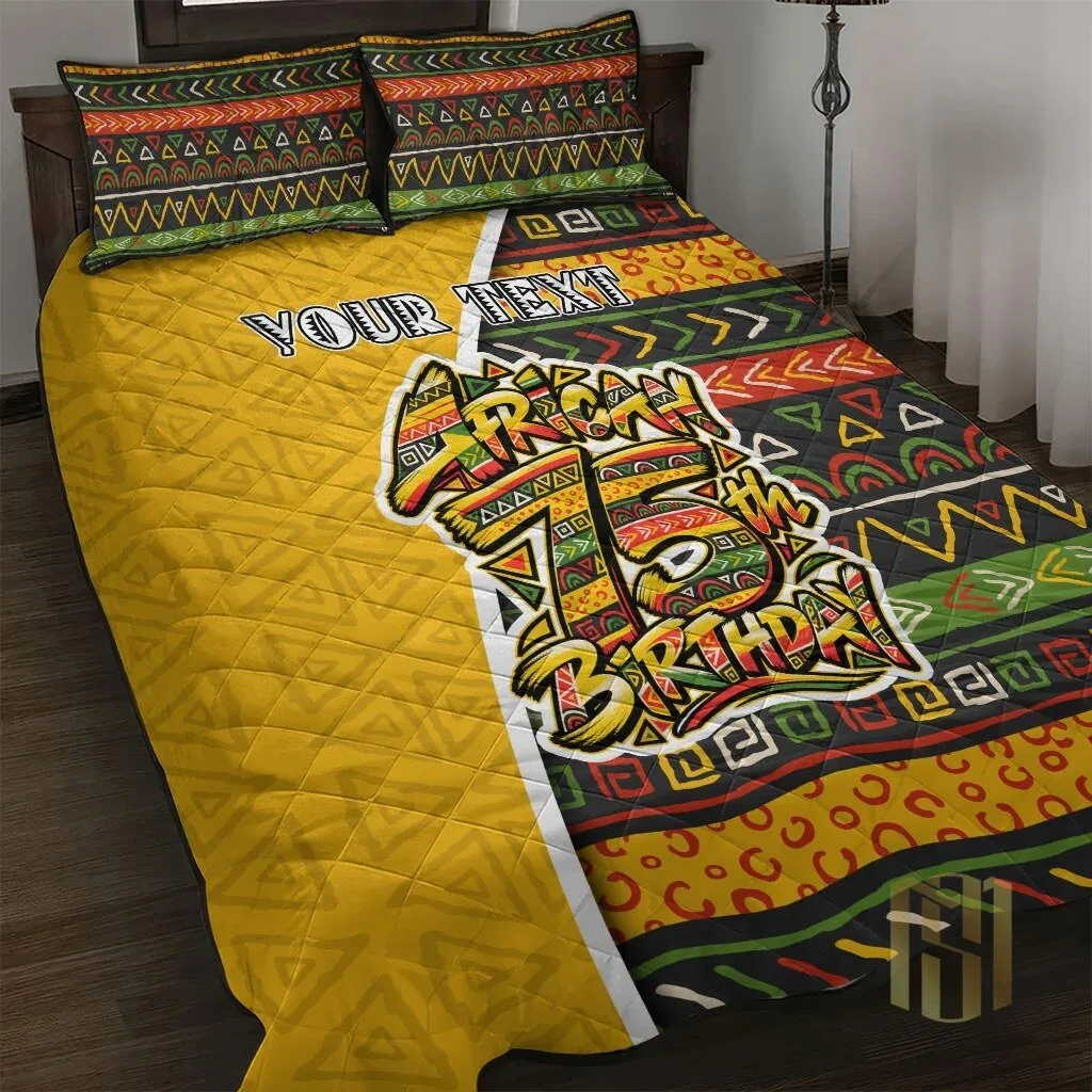 Personalized African 75th Birthday Quilt Bed Set with Tribal Geometric Heritage Pattern