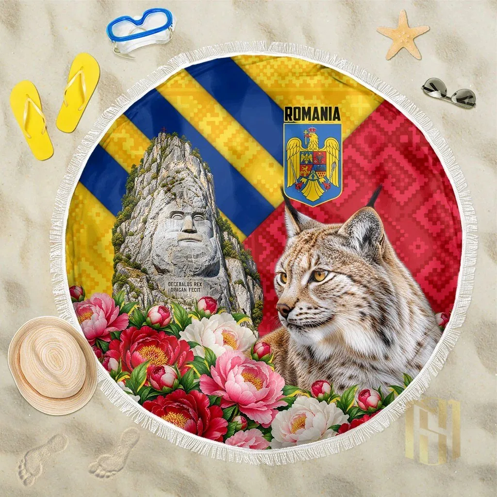Romania Flag Decebalus Rex Lynx Peony Floral Motifs Round Beach Blanket