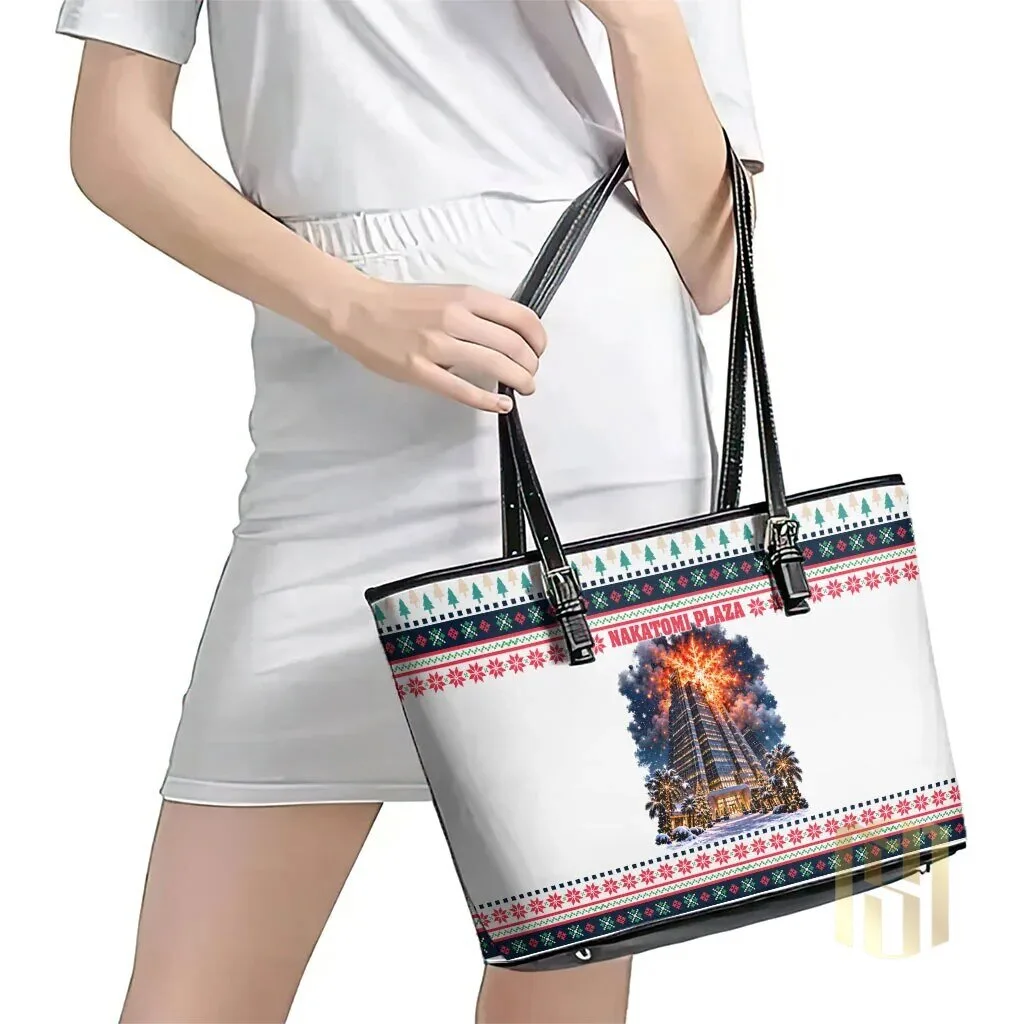 Nakatomi Plaza Christmas Explosion Holiday Pattern Leather Tote Bag 8 Nakatomi Plaza Christmas Explosion Holiday Pattern Leather Tote Bag