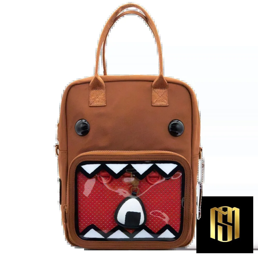 Domo-kun Brown Convertible Backpack with Clear Front Pocket and Bag Charm
