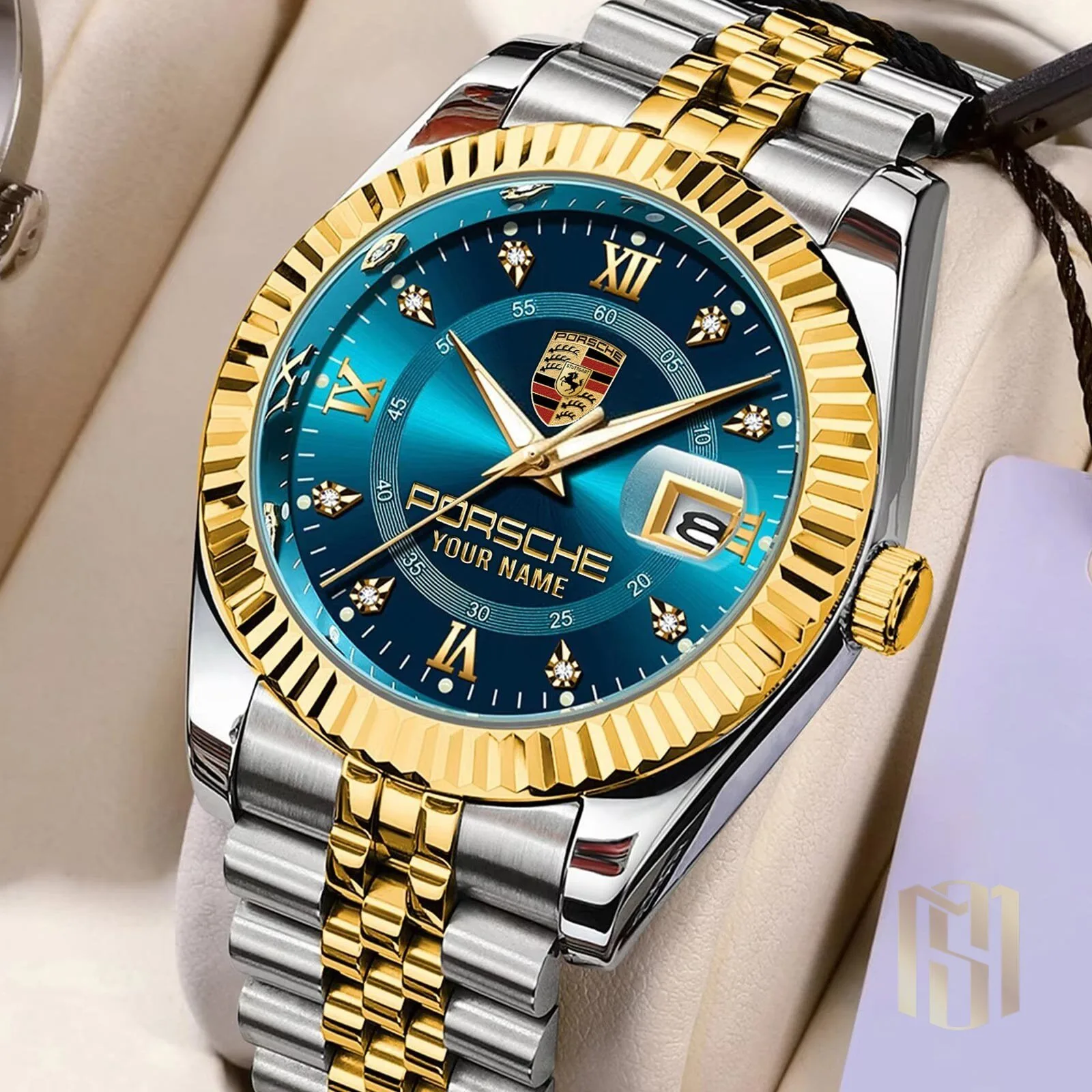 Elegant Gold and Silver Stainless Steel Watch with Custom Name for Porsche Enthusiasts