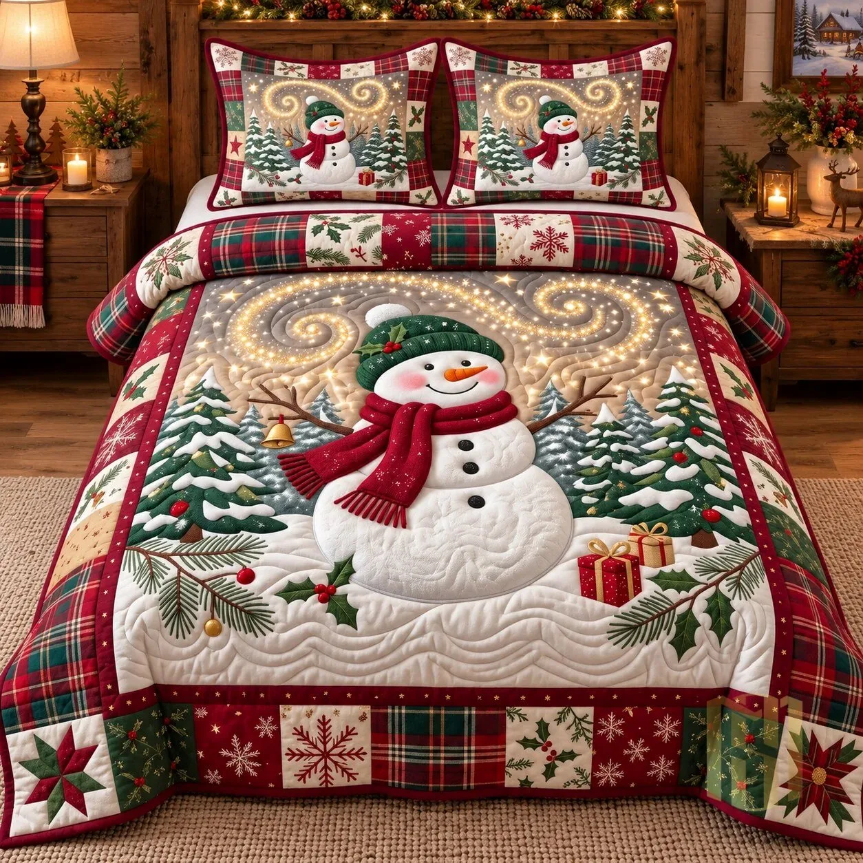Quilted Holiday Bedding Set featuring Festive Snowman Design and Pillow Shams