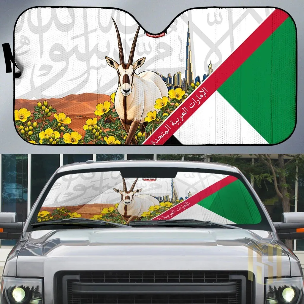 UAE National Day Arabian Oryx and Dubai Skyline Car Sunshade with Emirati Flag