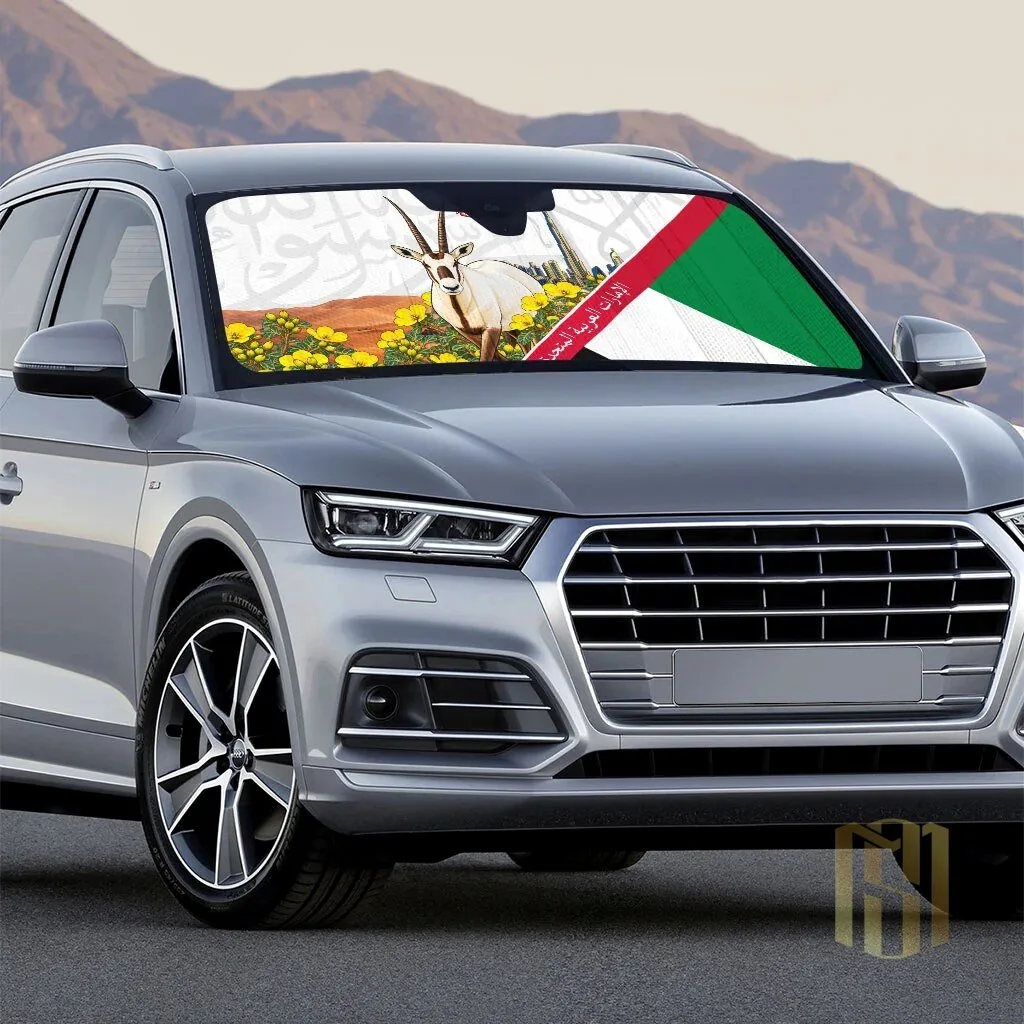 UAE National Day Arabian Oryx and Dubai Skyline Car Sunshade with Emirati Flag 5 UAE National Day Arabian Oryx and Dubai Skyline Car Sunshade with Emirati Flag