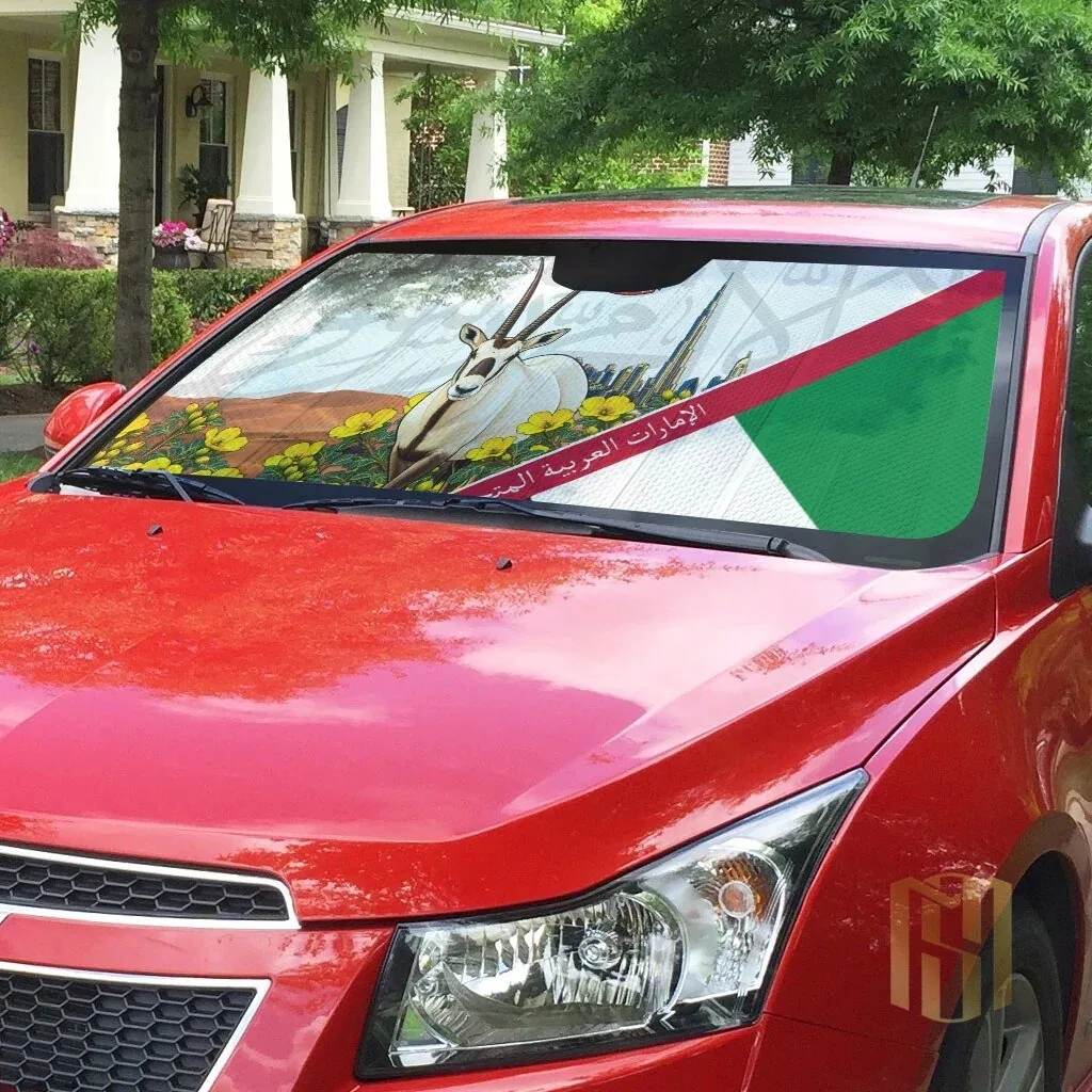 UAE National Day Arabian Oryx and Dubai Skyline Car Sunshade with Emirati Flag 6 UAE National Day Arabian Oryx and Dubai Skyline Car Sunshade with Emirati Flag