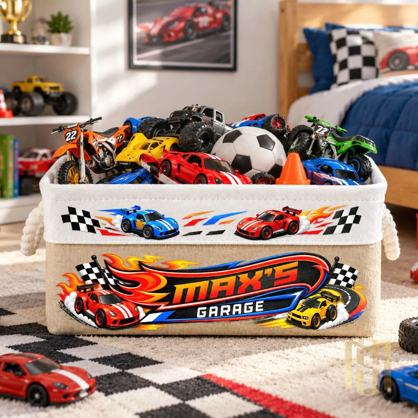 Personalized Max's Garage Race Car Toy Storage Basket for Kids Room Organization