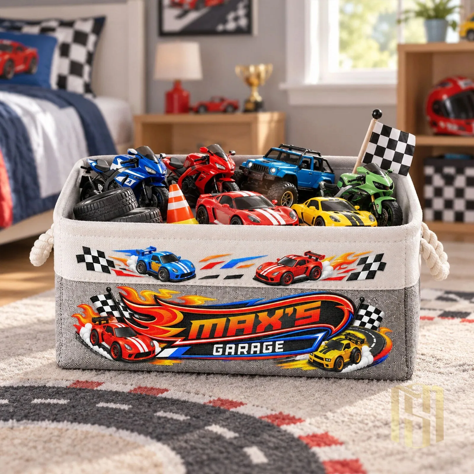Personalized Max's Garage Race Car Toy Storage Basket for Kids Room Organization 7 personalized max s garage race car toy storage basket for kids room organization gallery 2