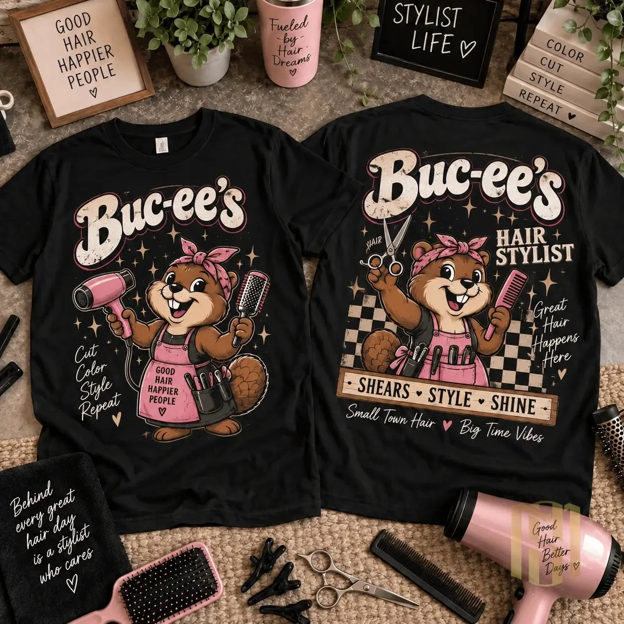 Buc-ee's Beaver Hair Stylist Good Hair Happier People Black T-Shirt