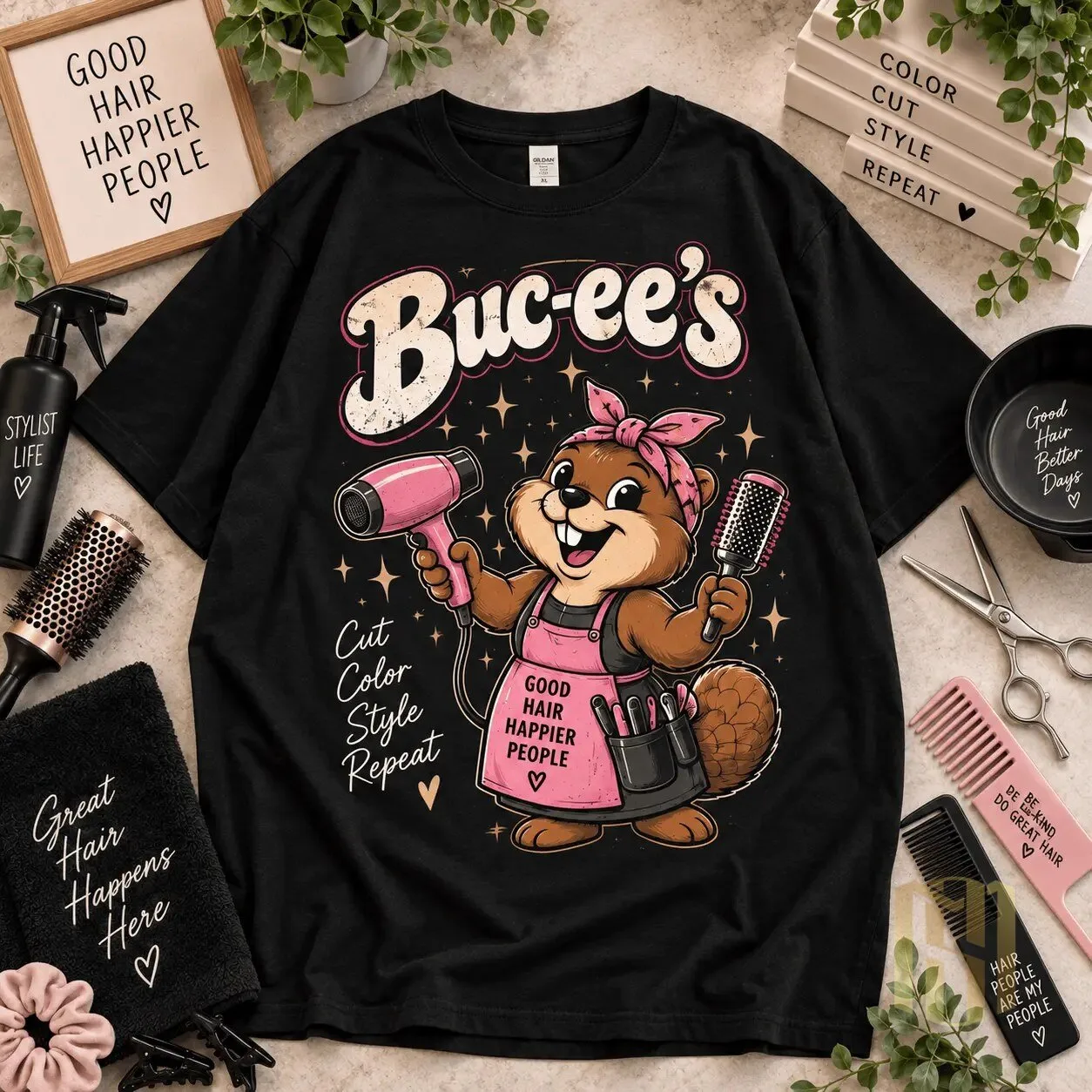 Buc-ee's Beaver Hair Stylist Good Hair Happier People Black T-Shirt 7 buc ee s beaver hair stylist good hair happier people black t shirt gallery 2