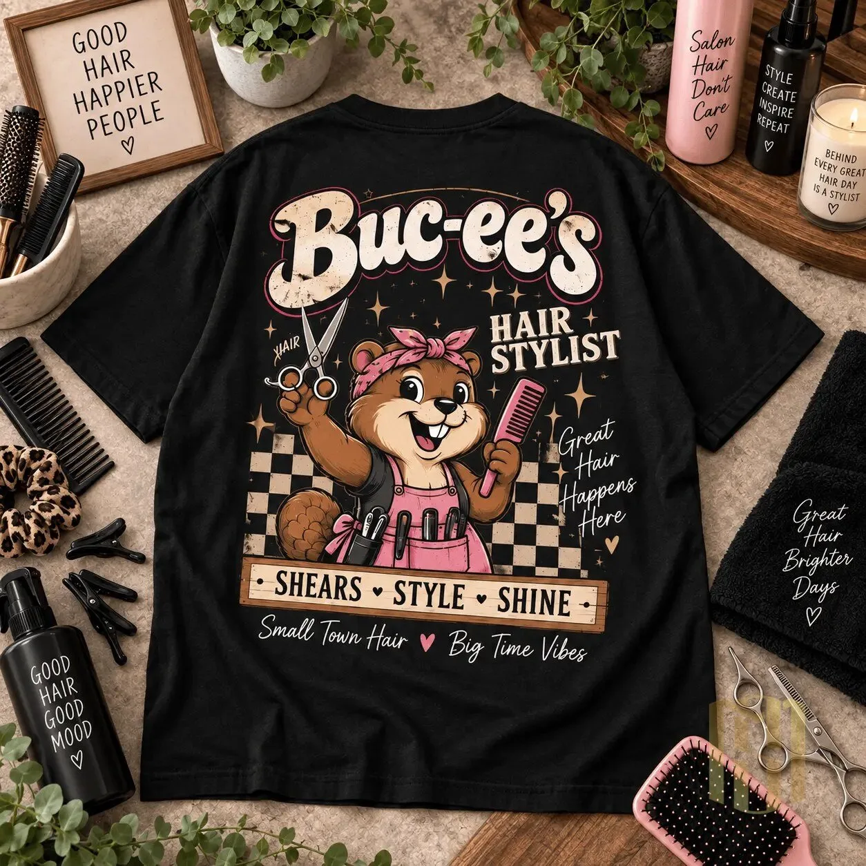 Buc-ee's Beaver Hair Stylist Good Hair Happier People Black T-Shirt 8 buc ee s beaver hair stylist good hair happier people black t shirt gallery 3