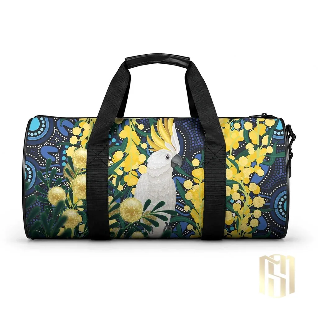 Australian Cockatoo Golden Wattle Flower Aboriginal Art Duffle Bag