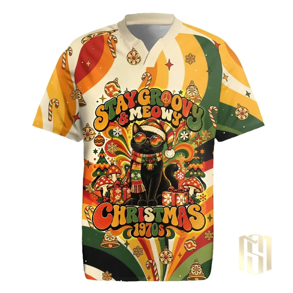 Stay Groovy and Meowy Christmas 1970s Black Cat Holiday Polo Shirt