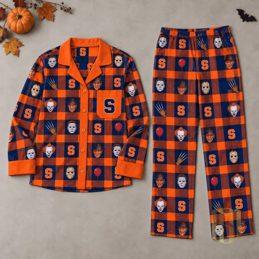 Syracuse Orange Halloween Horror Movie Characters Plaid Pajamas Set Syracuse Orange Halloween Horror Movie Characters Plaid Pajamas Set
