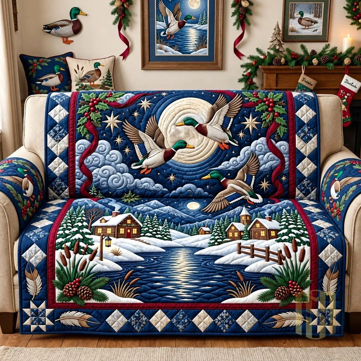 Winter Mallard Ducks Flying Over Snowy Village Quilted Sofa Cover