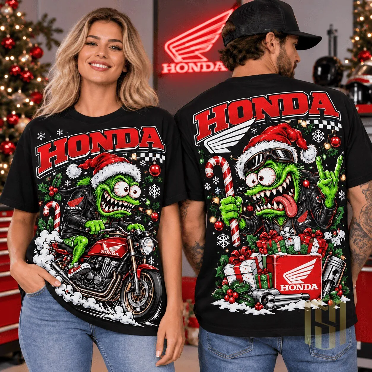 Honda Christmas Racing Motorcycle Monster Graphic Black T-Shirt