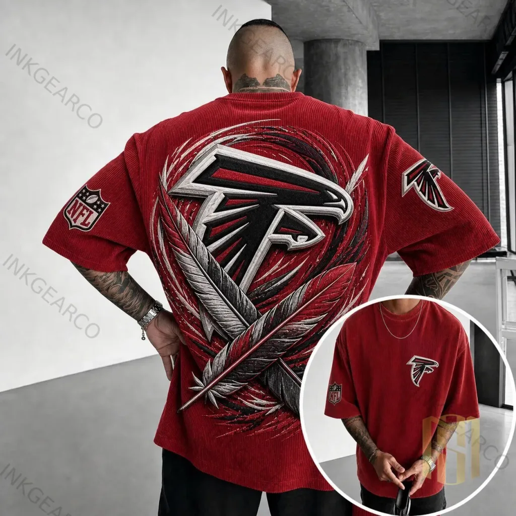 Atlanta Falcons NFL Football Team Logo Embroidered Red Corduroy T-Shirt Atlanta Falcons NFL Football Team Logo Embroidered Red Corduroy T-Shirt