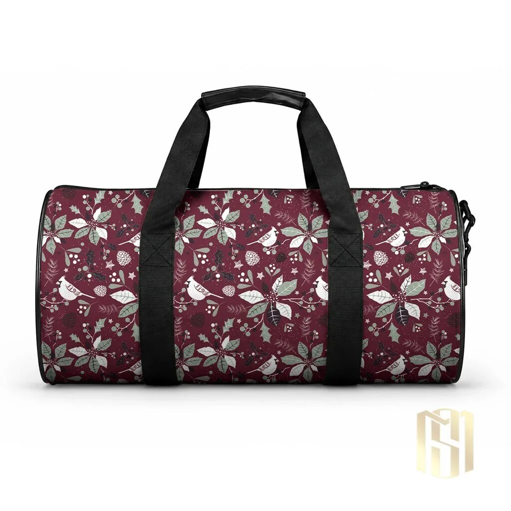 Christmas Cardinal Bird and Poinsettia Pattern Wine Red Duffle Bag
