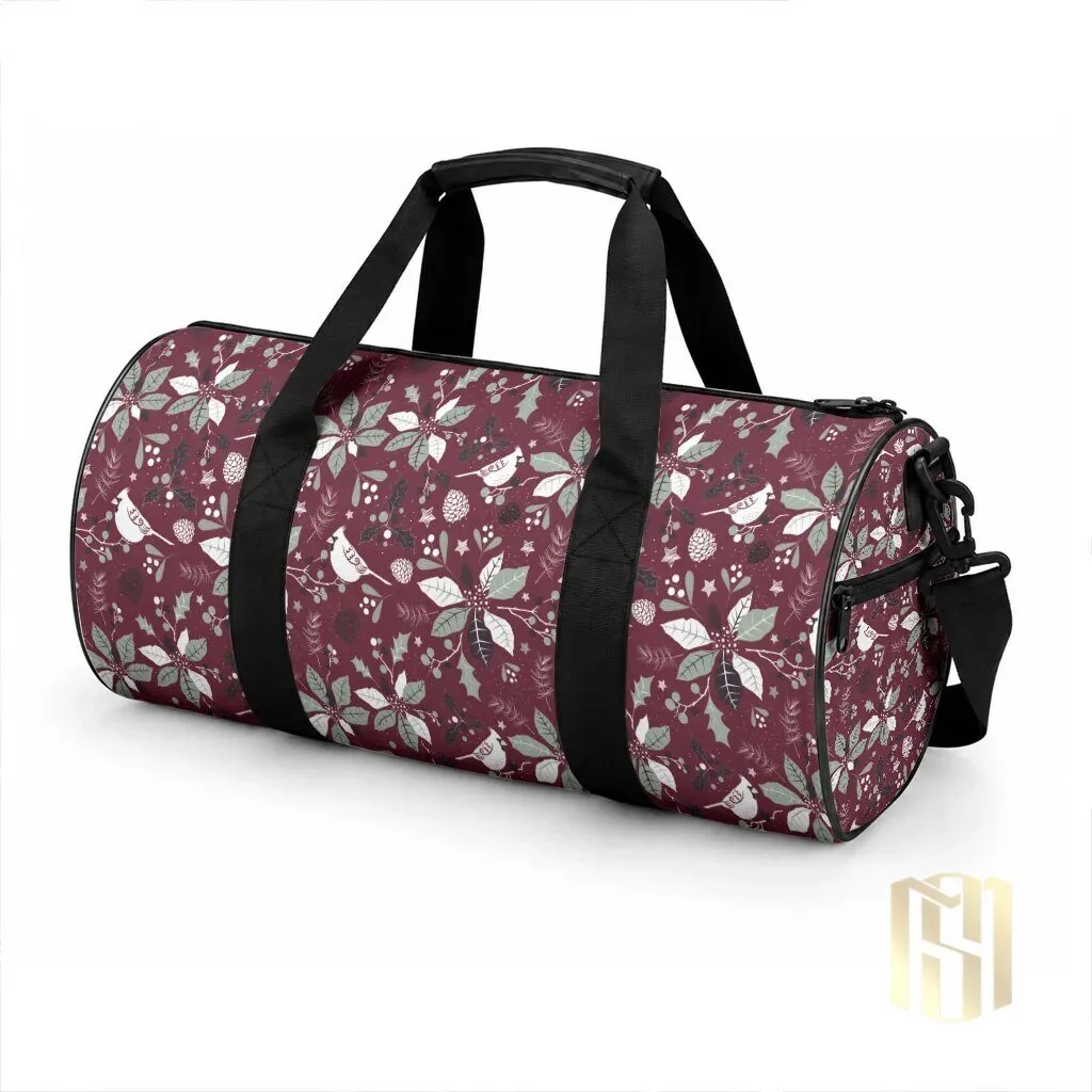 Christmas Cardinal Bird and Poinsettia Pattern Wine Red Duffle Bag 5 Christmas Cardinal Bird and Poinsettia Pattern Wine Red Duffle Bag