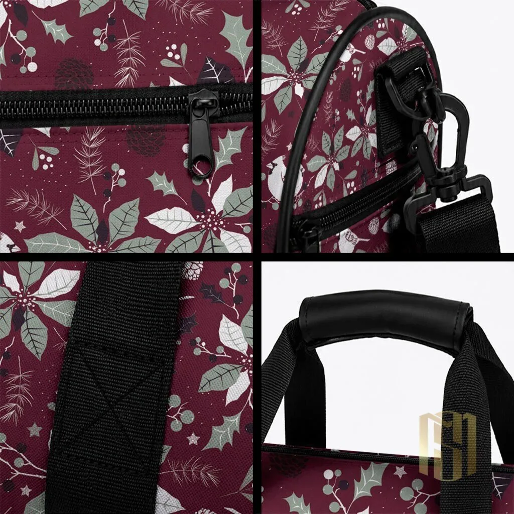 Christmas Cardinal Bird and Poinsettia Pattern Wine Red Duffle Bag 6 Christmas Cardinal Bird and Poinsettia Pattern Wine Red Duffle Bag