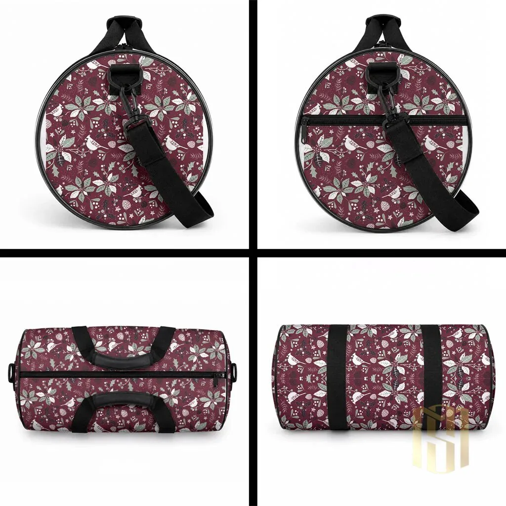 Christmas Cardinal Bird and Poinsettia Pattern Wine Red Duffle Bag 7 Christmas Cardinal Bird and Poinsettia Pattern Wine Red Duffle Bag